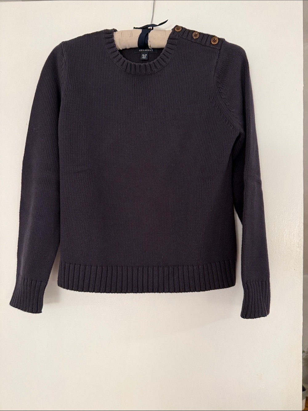 Lands End Button-Shoulder Crewneck Sweater in Navy